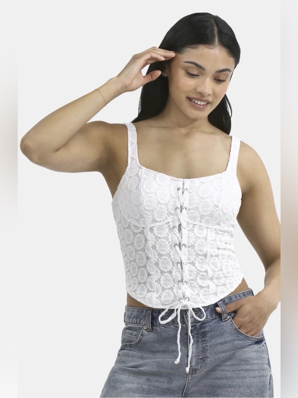 No Boundaries Vivid White Lace Up Corset Tank Top